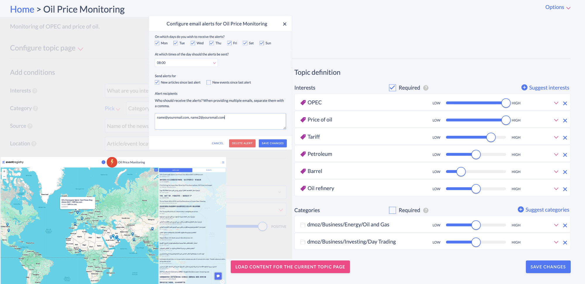Event Registry media monitoring dashboard where analysts define monitoring topics, set real-time alerts by article or event, and configure custom delivery times and recipients.