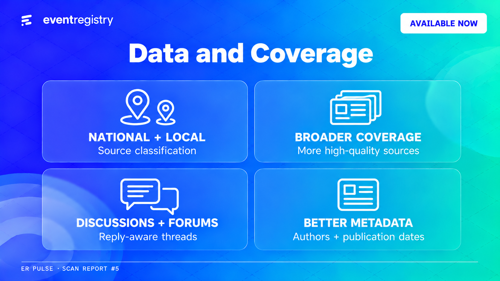 Data and Coverage infographic highlighting national and local source classification, broader coverage, threaded discussions, and improved metadata.