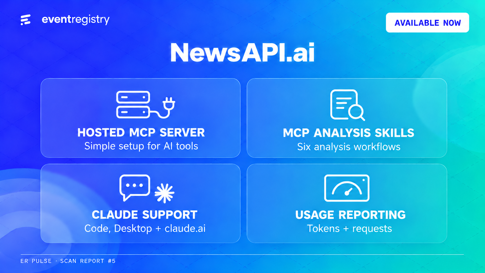 NewsAPI.ai infographic highlighting the hosted MCP server, MCP analysis skills, Claude support, and token and request reporting.