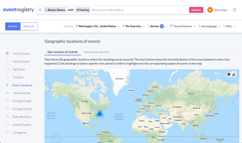 Search options for finding events