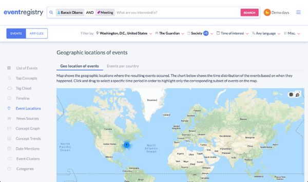 Search options for finding events